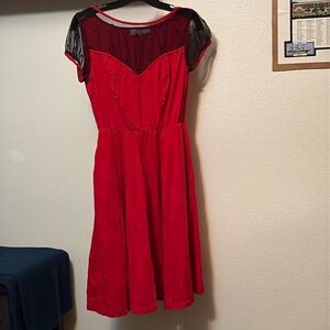 EShakti women’s dress Sz 10 Red Jersey with Black Tulle Polka Dot, pockets, NWOT